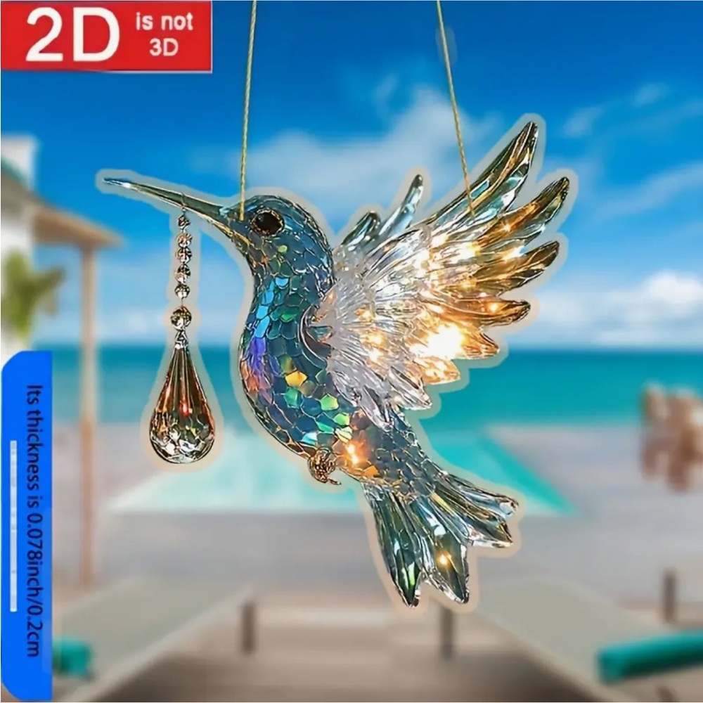 Hummingbird w Crystal Shaped Pendant 2D Acrylic Ornament Suncatcher